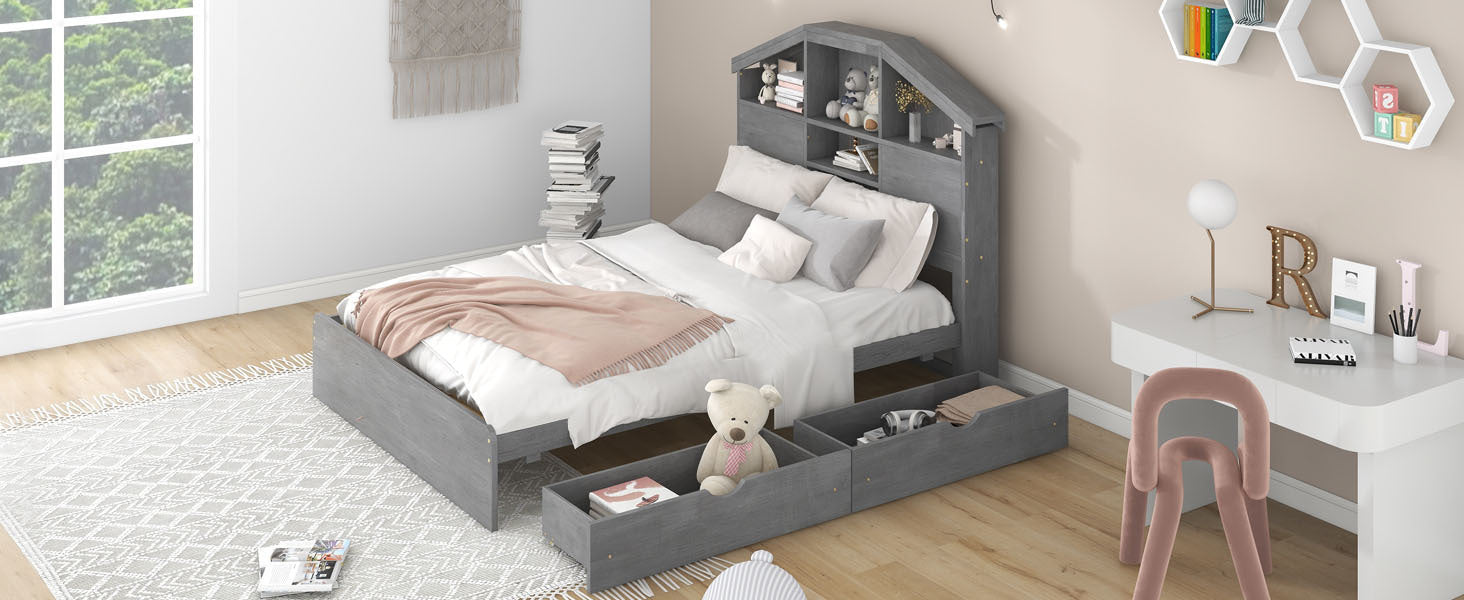 Full Size Wood Platform Bed with House-shaped Storage Headboard and 2 Drawers, Gray - Atlantic Fine Furniture Melbourne FL