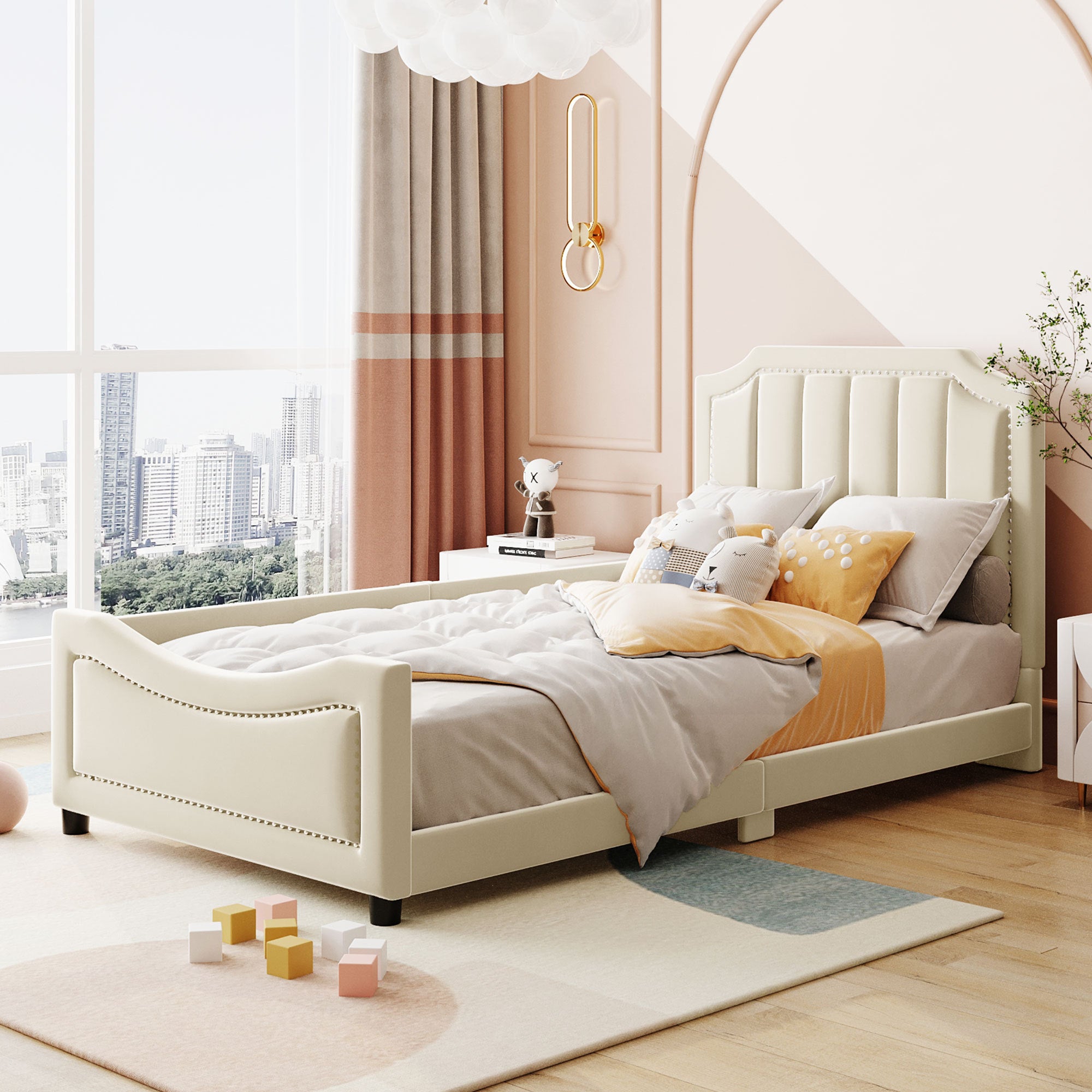 Twin Size Upholstered Daybed with Classic Stripe Shaped  Headboard, Beige - Atlantic Fine Furniture Melbourne FL