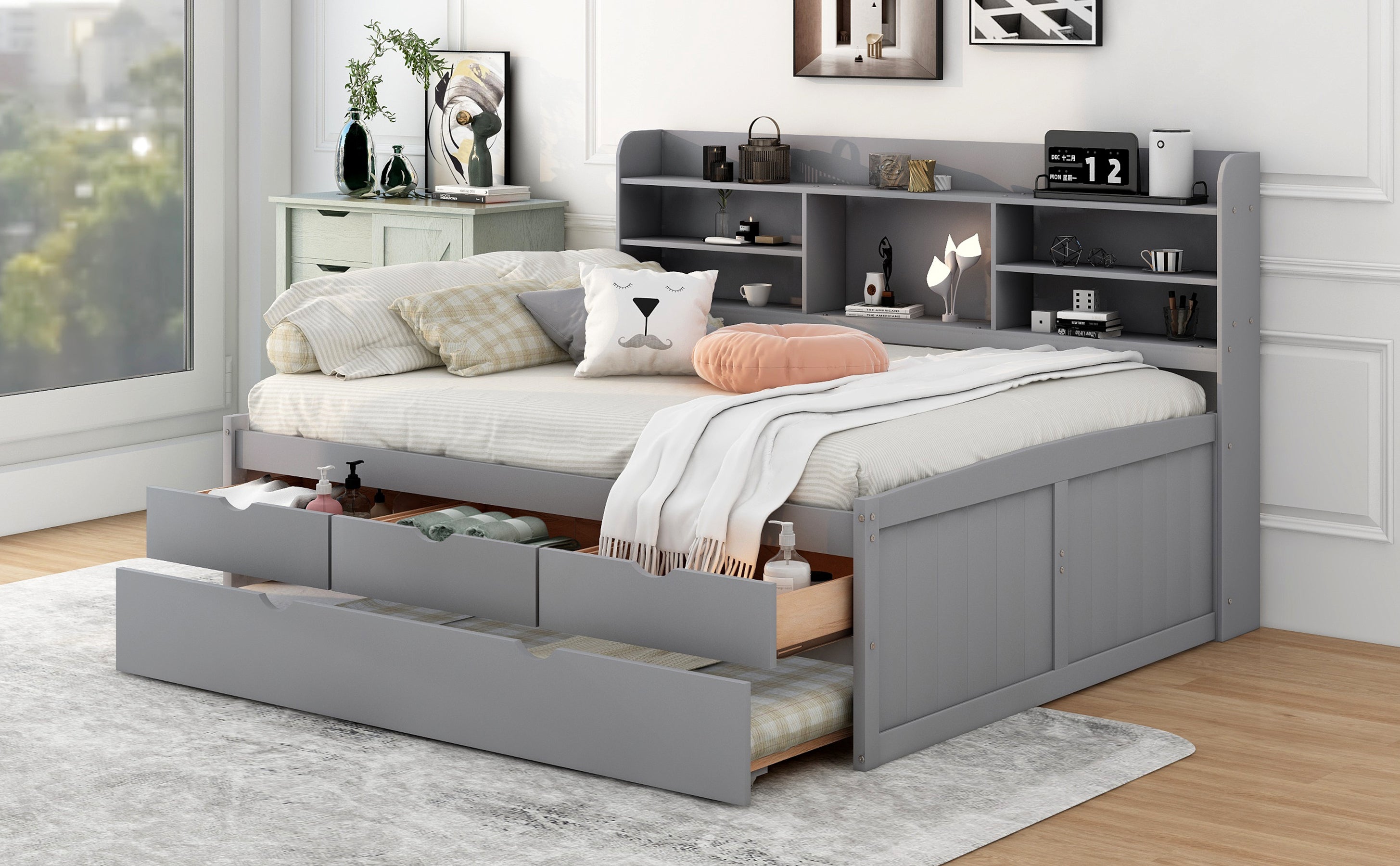 Full Size Wooden Captain Bed with Built-in Bookshelves,Three Storage Drawers and Trundle,Light Grey - Atlantic Fine Furniture Melbourne FL