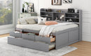 Full Size Wooden Captain Bed with Built-in Bookshelves,Three Storage Drawers and Trundle,Light Grey