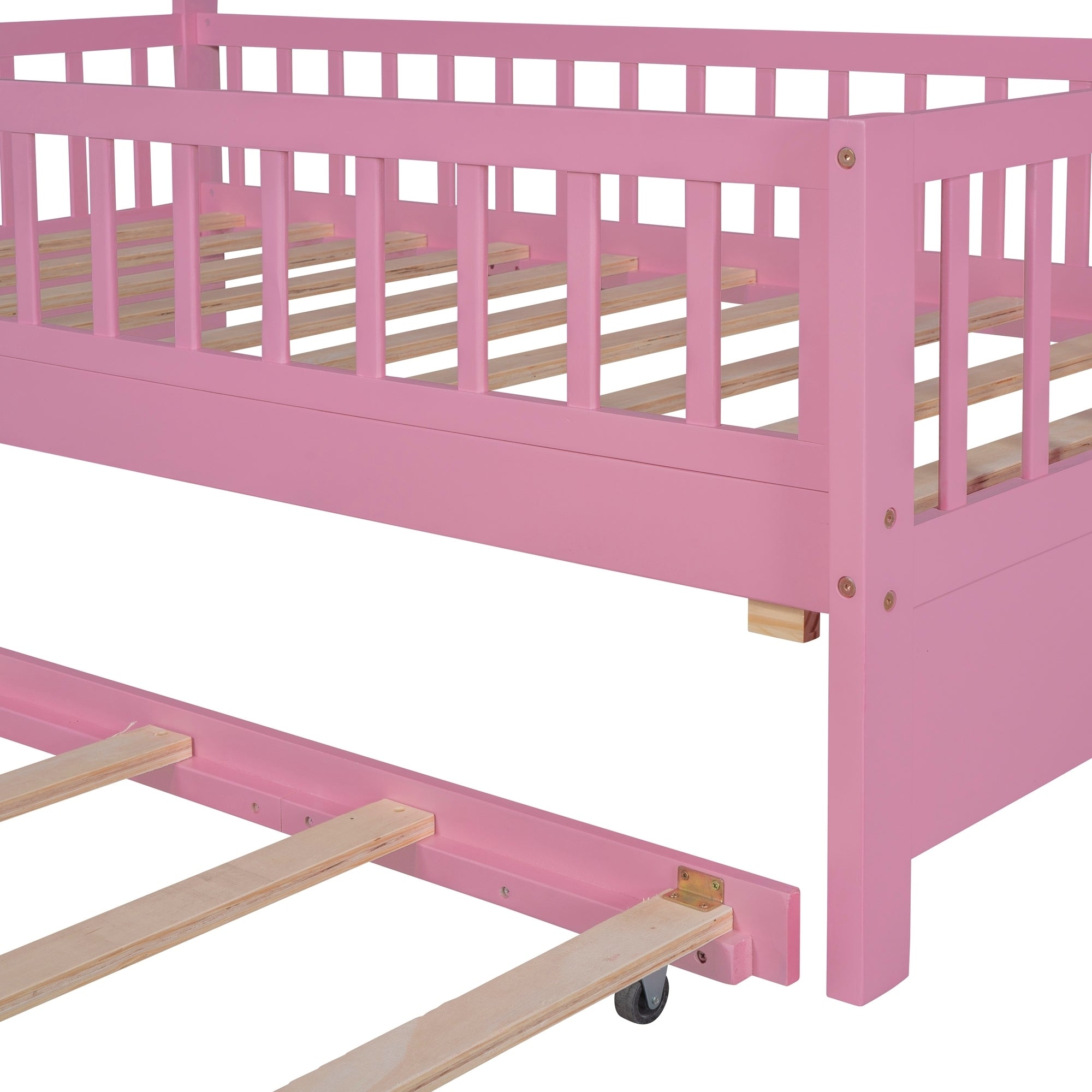 Wooden Twin Size House Bed with Trundle,Kids Bed with Shelf, Pink - Atlantic Fine Furniture Melbourne FL