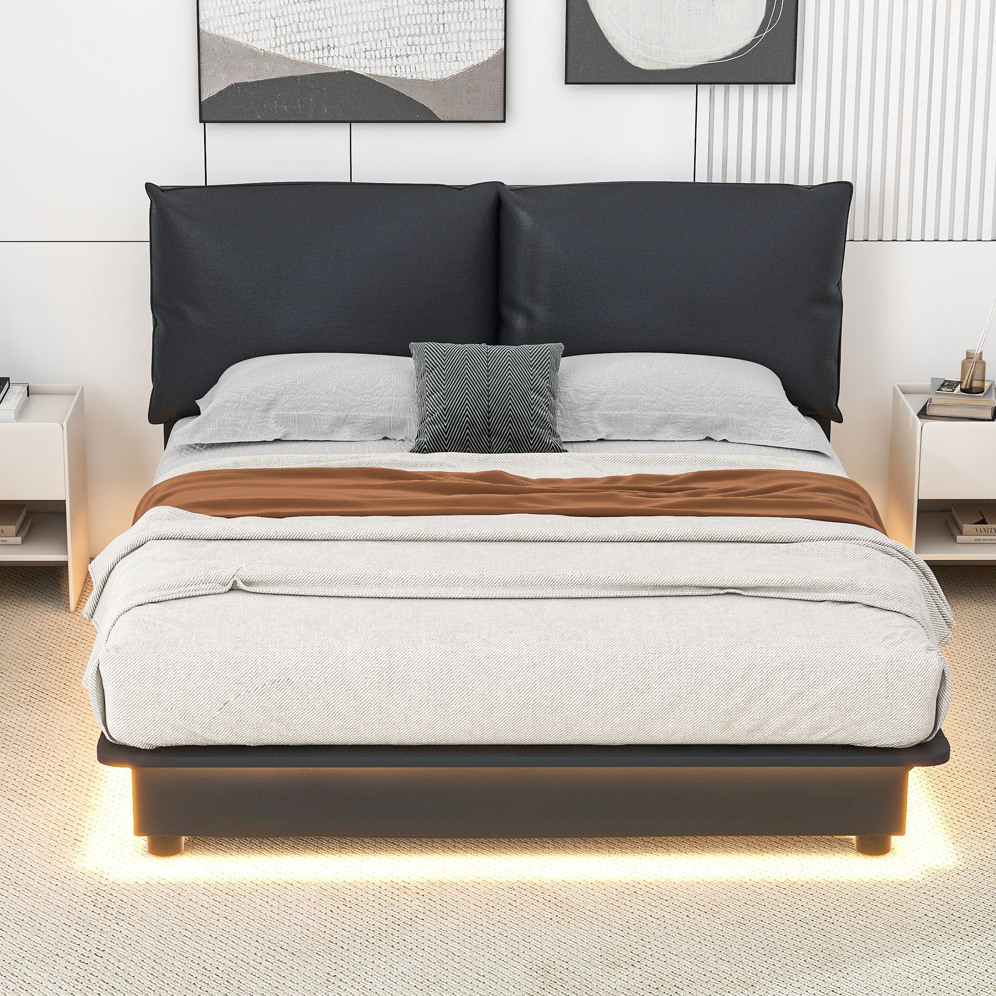 Queen Size Upholstered Platform Bed with Sensor Light and Ergonomic Design Backrests, Black - Atlantic Fine Furniture Melbourne FL