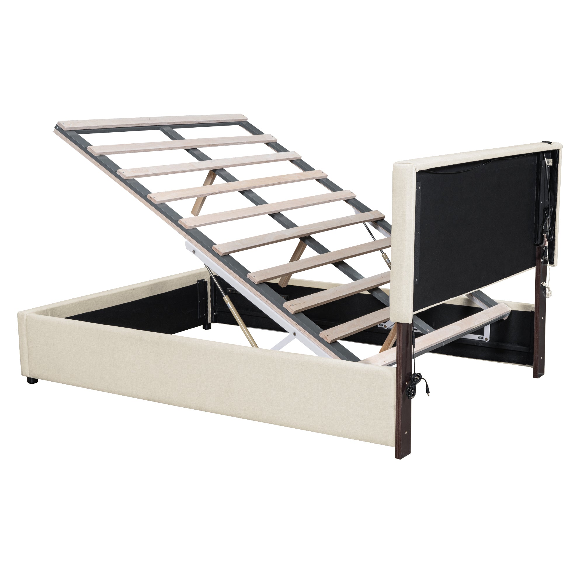 Full Size Upholstered Bed with Hydraulic Storage System and LED Light, Beige
