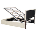 Full Size Upholstered Bed with Hydraulic Storage System and LED Light, Beige