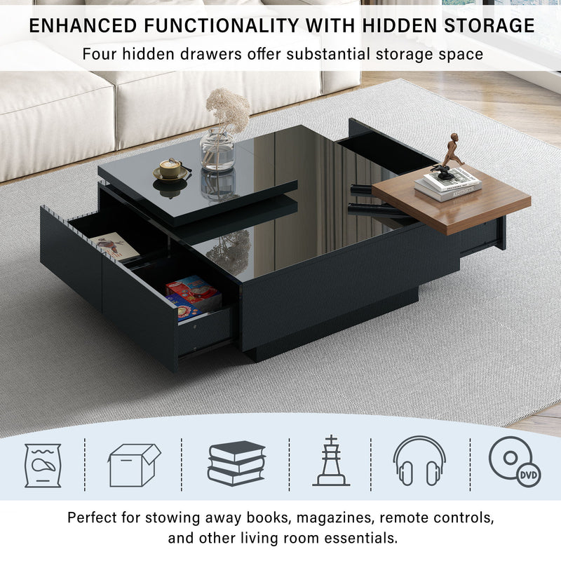 Movable Square Top Coffee Table With 4 Hidden Storage Drawers