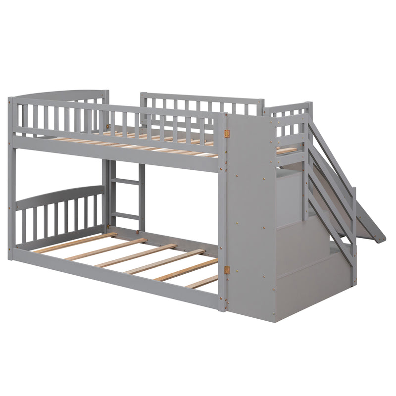 Stairway Twin over Twin Bunk Bed with Two Drawers and Slide, Gray(OLD SKU :LT000155AAE)