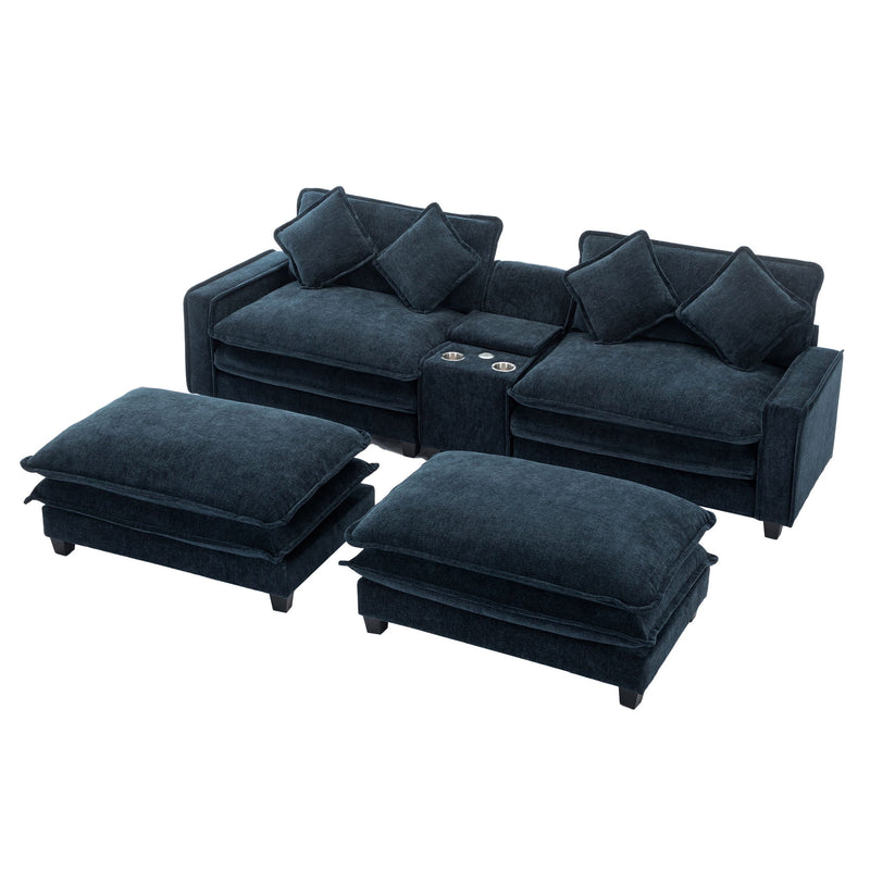 Sectional Sofa Chenille Upholstered Sofa With Two Removable Ottoman, Two USB Ports, Two Cup Holders And Large Storage Box For Living Room