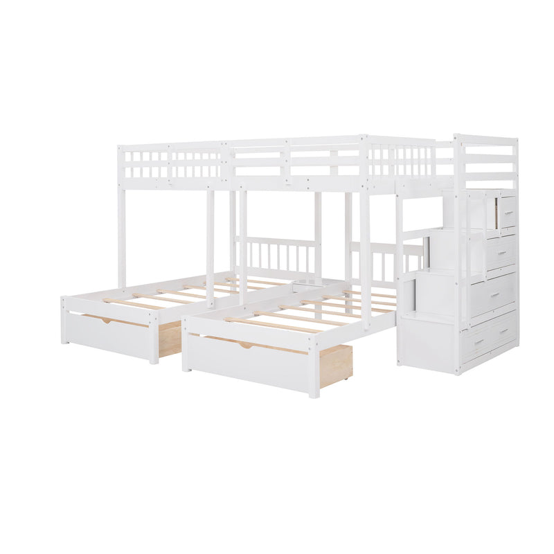 Multifunctional Triple Bunk Bed With Drawers And Guardrails
