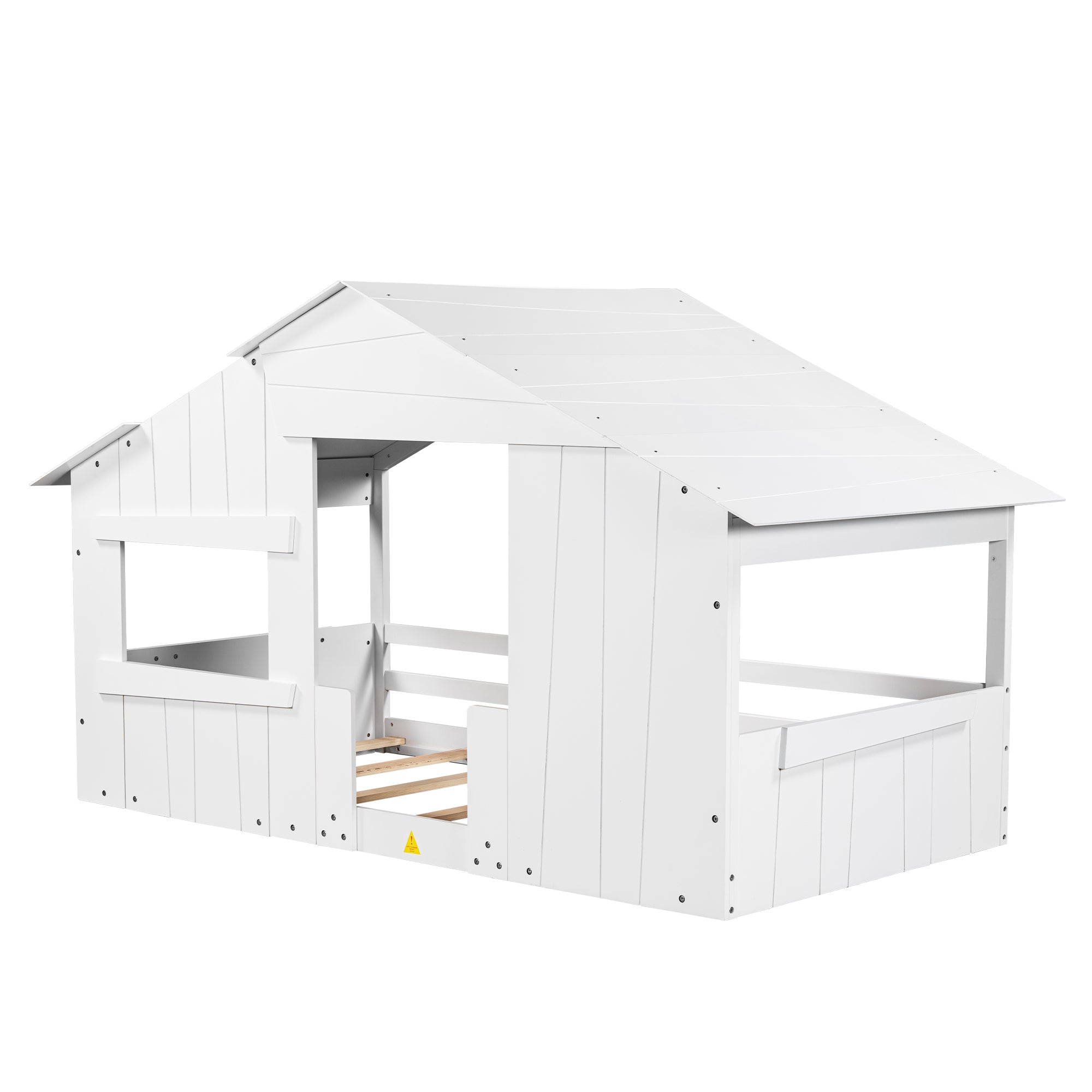 Wood Twin Size House Bed with Roof, Window and Guardrail, White - Atlantic Fine Furniture Melbourne FL