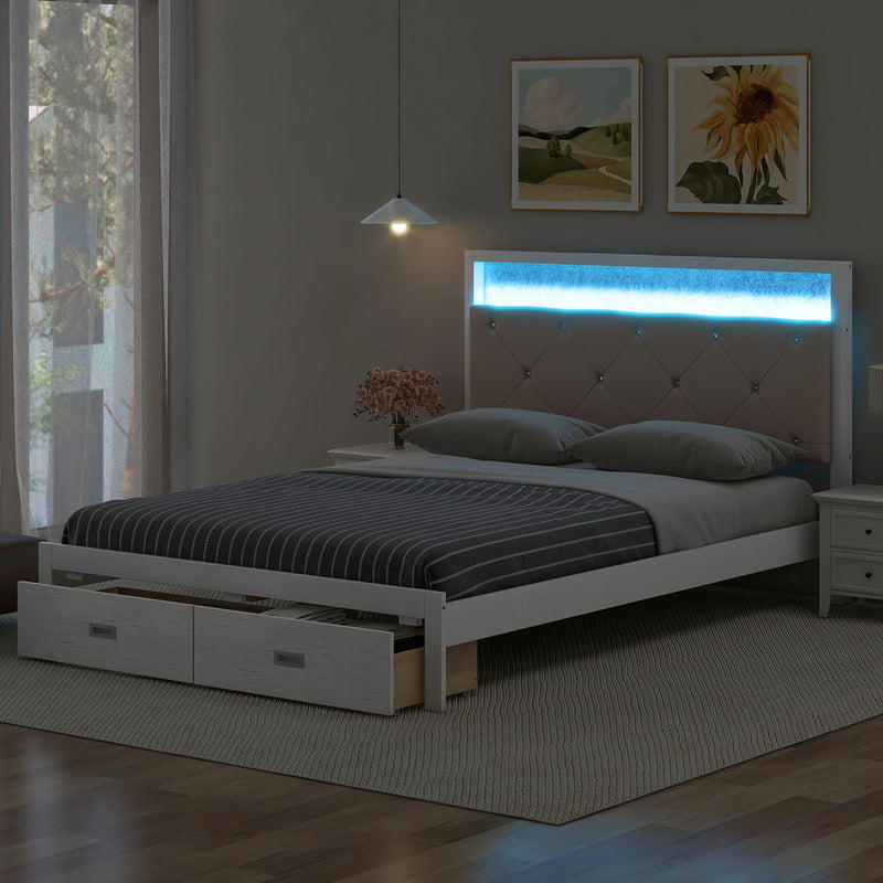 Elegant Wood Queen Size Platform Bed With Upholstered Headboard Led And Storage Drawers In Antique - Antique White