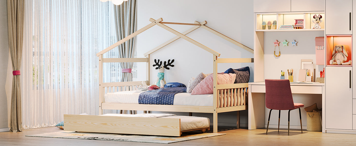 Full Size Wooden House Bed with Twin Size Trundle, Natural - Atlantic Fine Furniture Melbourne FL