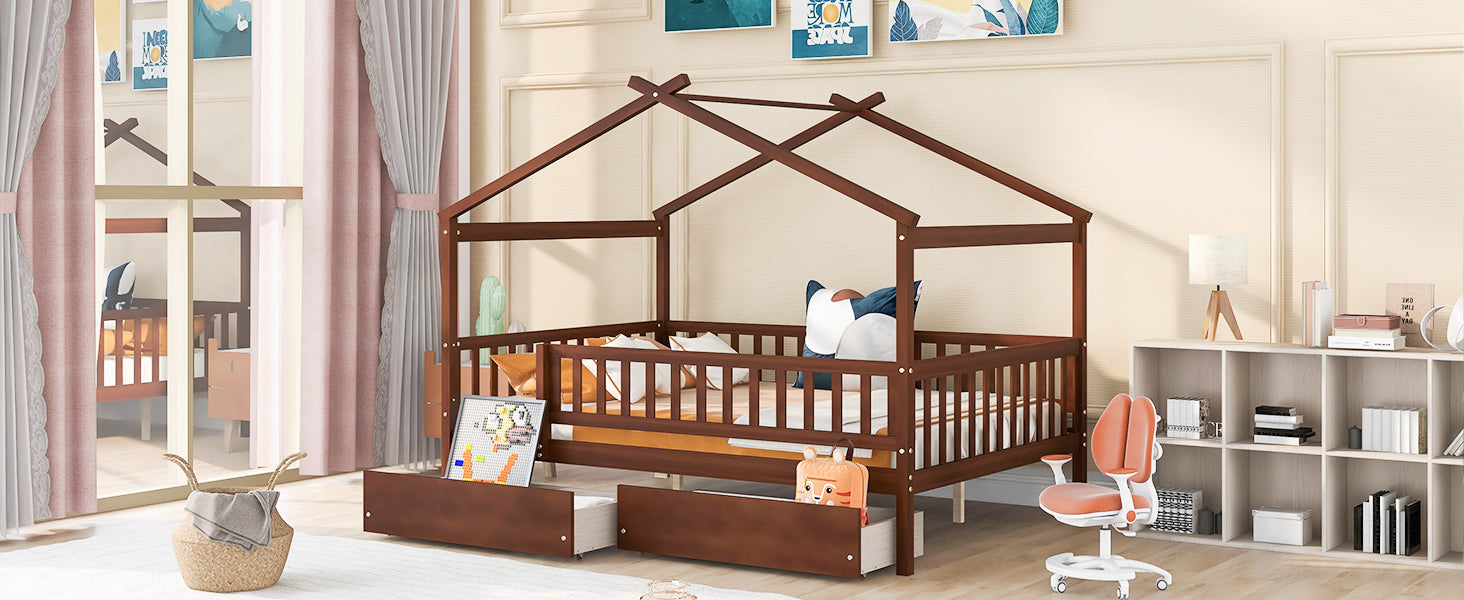 Full Size Wooden House Bed with Two Drawers, Walnut - Atlantic Fine Furniture Melbourne FL
