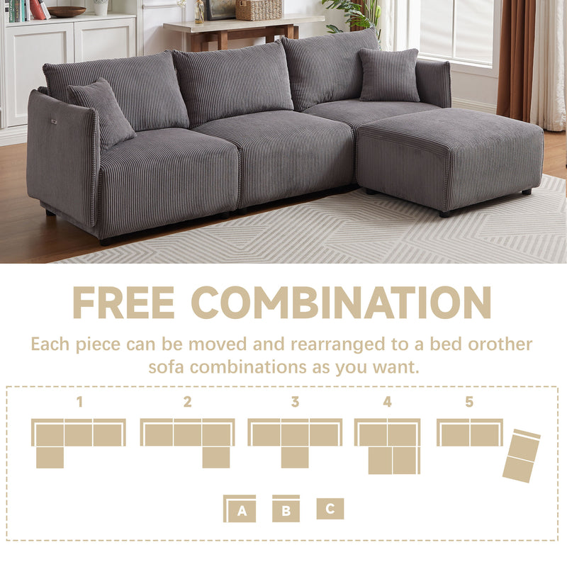 Multi-Module Combination Style Sofa For Living Room, Bedroom And Other Lounge Spaces, Modern Minimalist Corduroy Combination Sofa With 2 Comfort Cushions With USB & C Charging Ports