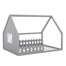 Full Size Wood House Bed with Window and Fence, Gray