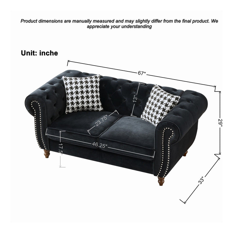 Chesterfield 3 And 2 Seater Velvet Upholstery Sofa With Roll Armrest & Nailhead Fabric Couch
