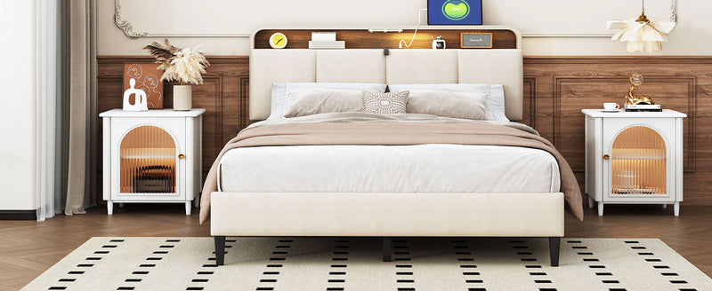 Full size Upholstered Platform Bed with Storage Headboard, Sensor Light and a set of Sockets and USB Ports, Linen Fabric, Beige