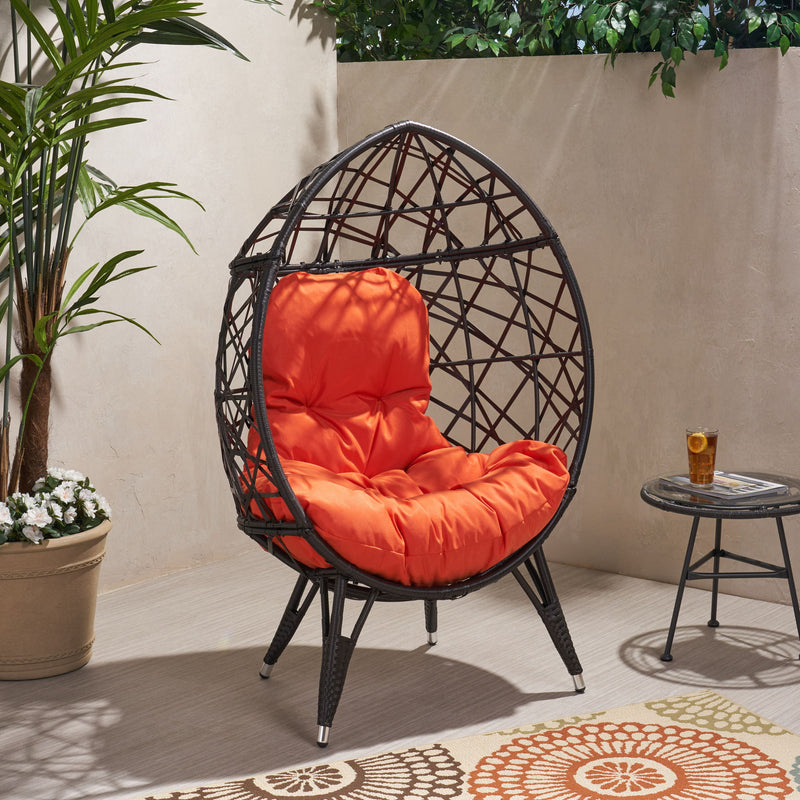 Outdoor Wicker Teardrop Chair With Cushion - Orange / Brown