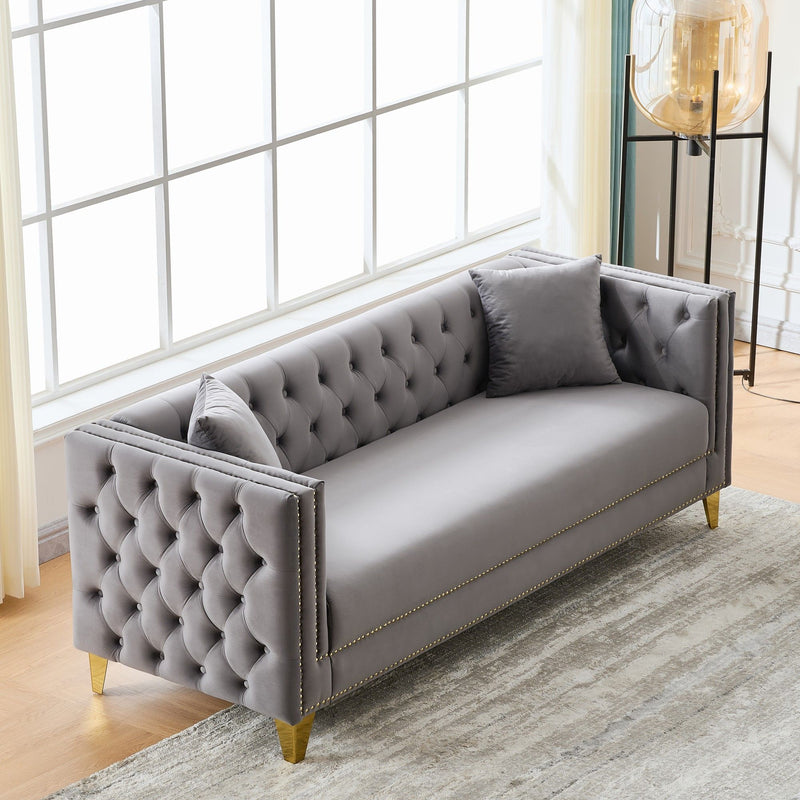 3 And 3 Seater Deep Seat Sofa With Button Nailhead And Square Arm Design - Gray