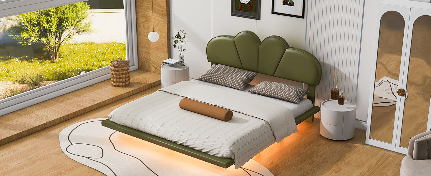 Full Size Upholstery LED Floating Bed with PU Leather Headboard and Support Legs,Green - Atlantic Fine Furniture Melbourne FL