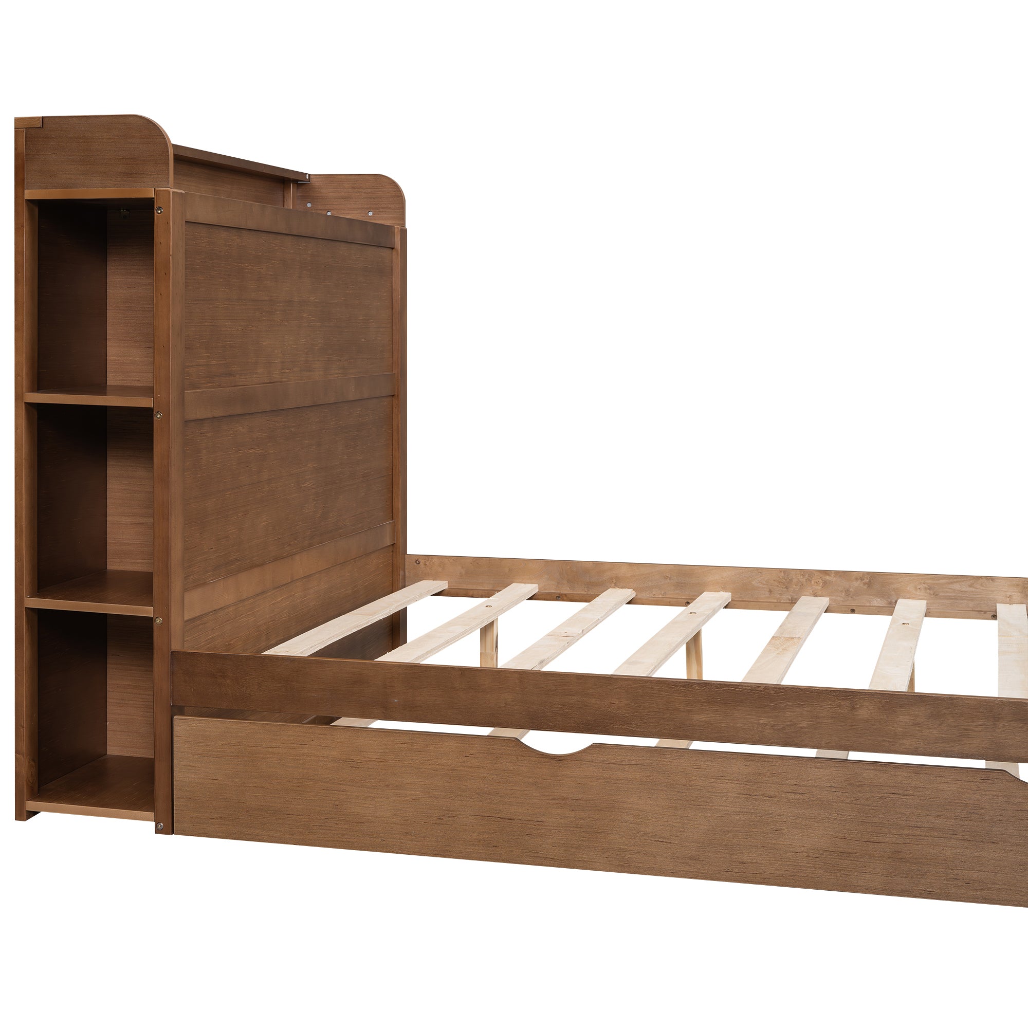 Full Size Platform Bed with Storage Headboard and Twin Size Trundle, Walnut - Atlantic Fine Furniture Melbourne FL