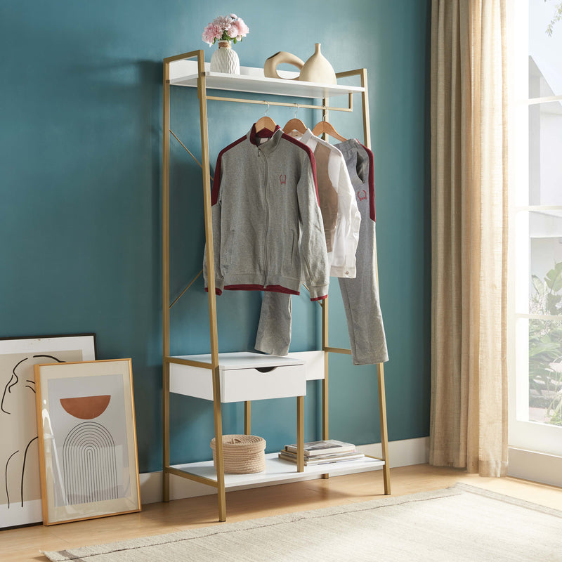 Clothes Rack With Metal Frame And Open Shelves - White / Gold