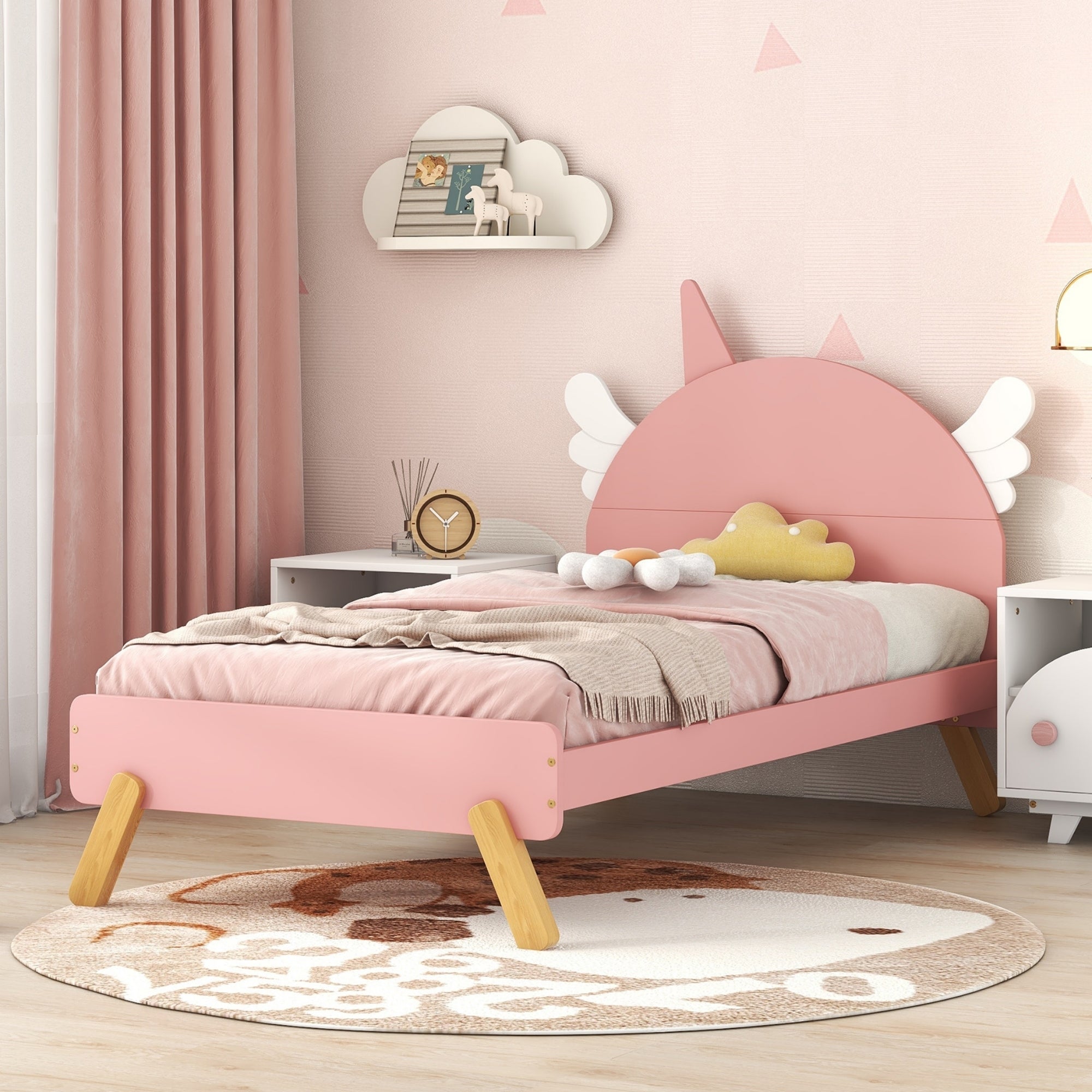 Wooden Cute Bed With Unicorn Shape Headboard,Twin Size Platform Bed,Pink - Atlantic Fine Furniture Melbourne FL