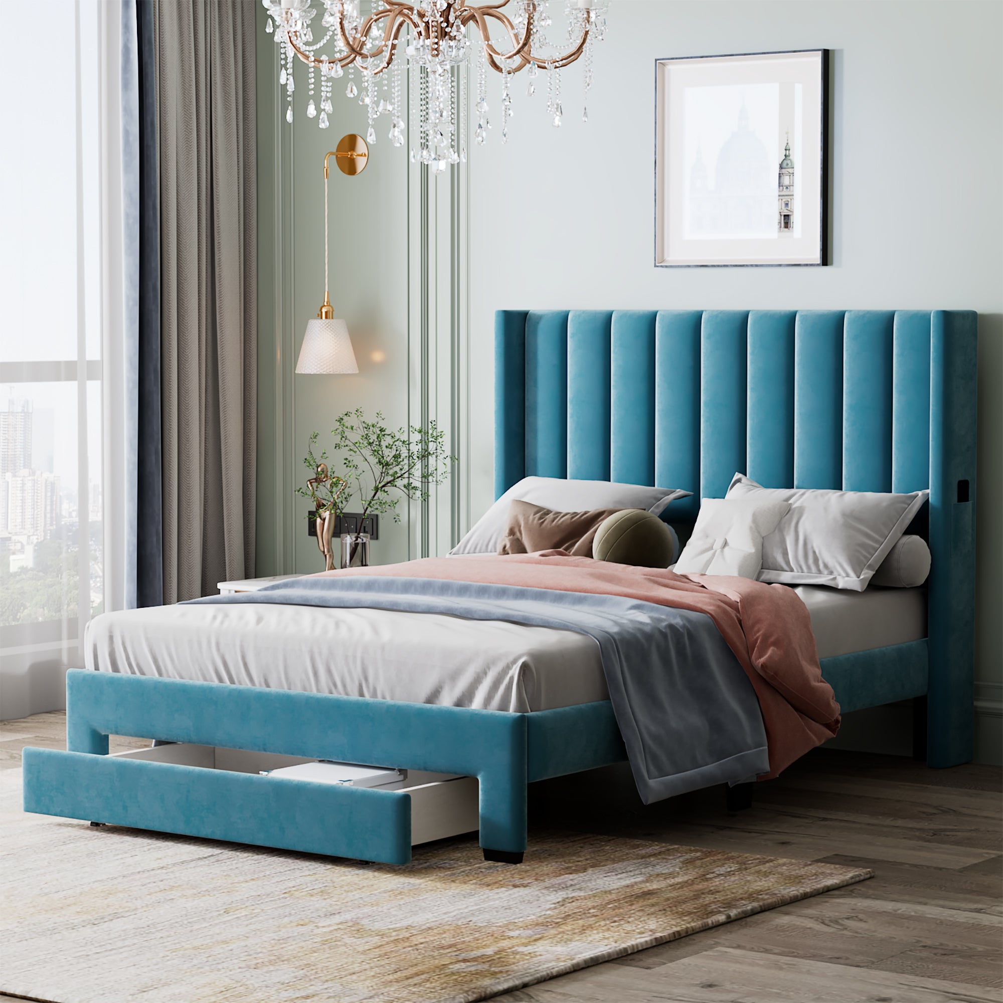 Full Size Storage Bed Velvet Upholstered Platform Bed with a Big Drawer - Blue - Atlantic Fine Furniture Melbourne FL