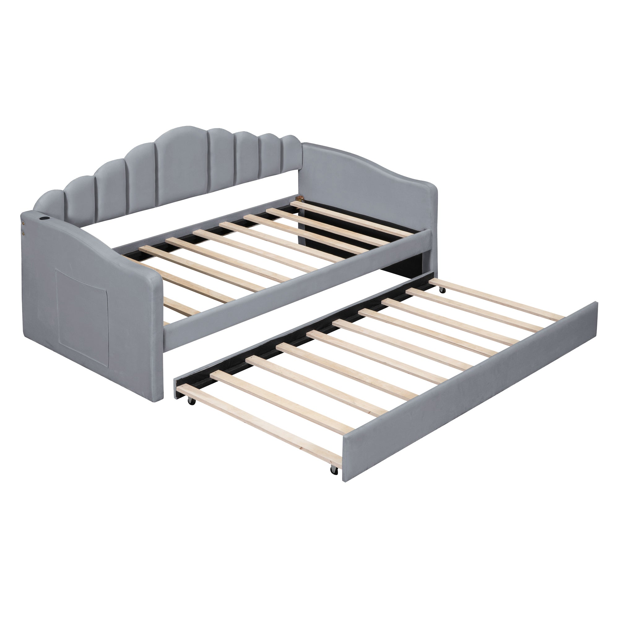 Twin size Upholstered Daybed with Trundle ,Velvet Sofabed with USB Charging Ports,No Box-spring Needed,Gray - Atlantic Fine Furniture Melbourne FL