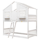 Twin over Twin House Bunk Bed with Roof , Window, Window  Box, Door , with Safety Guardrails and Ladder,White