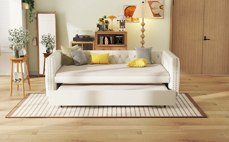 Full Size Daybed, Upholstered Tufted Sofa Bed with Trundle, Daybed with Button & Copper Nail on Square Arms, Full Daybed with Twin Trundle, White