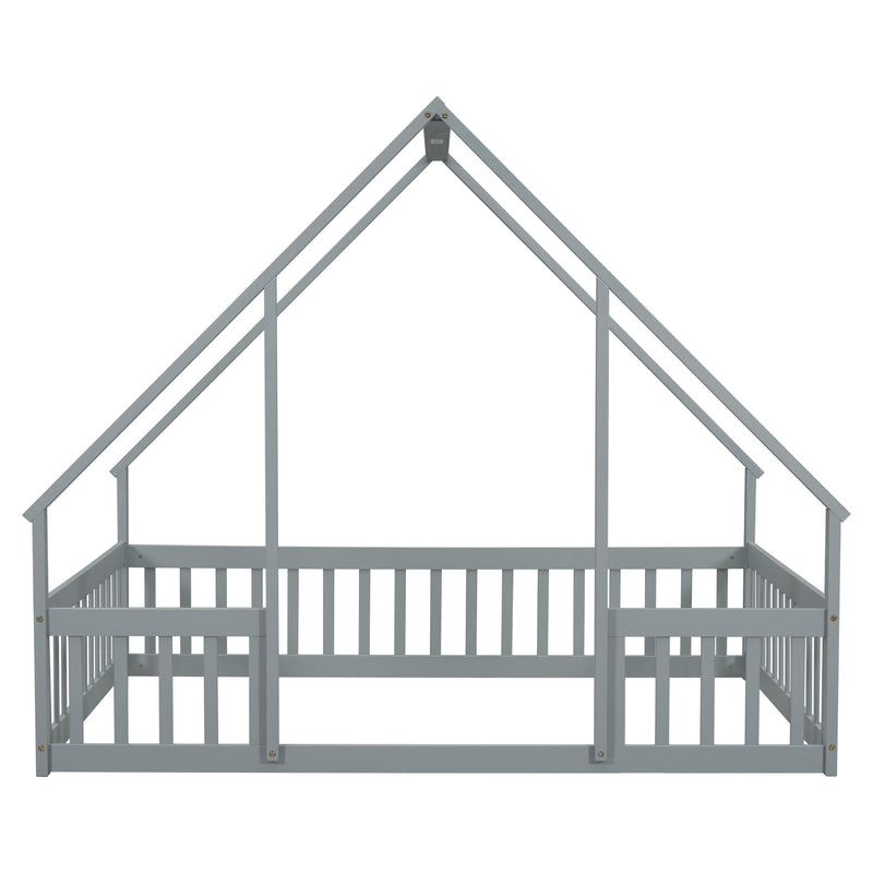 Wood House-Shaped Floor Bed With Fence, Guardrails