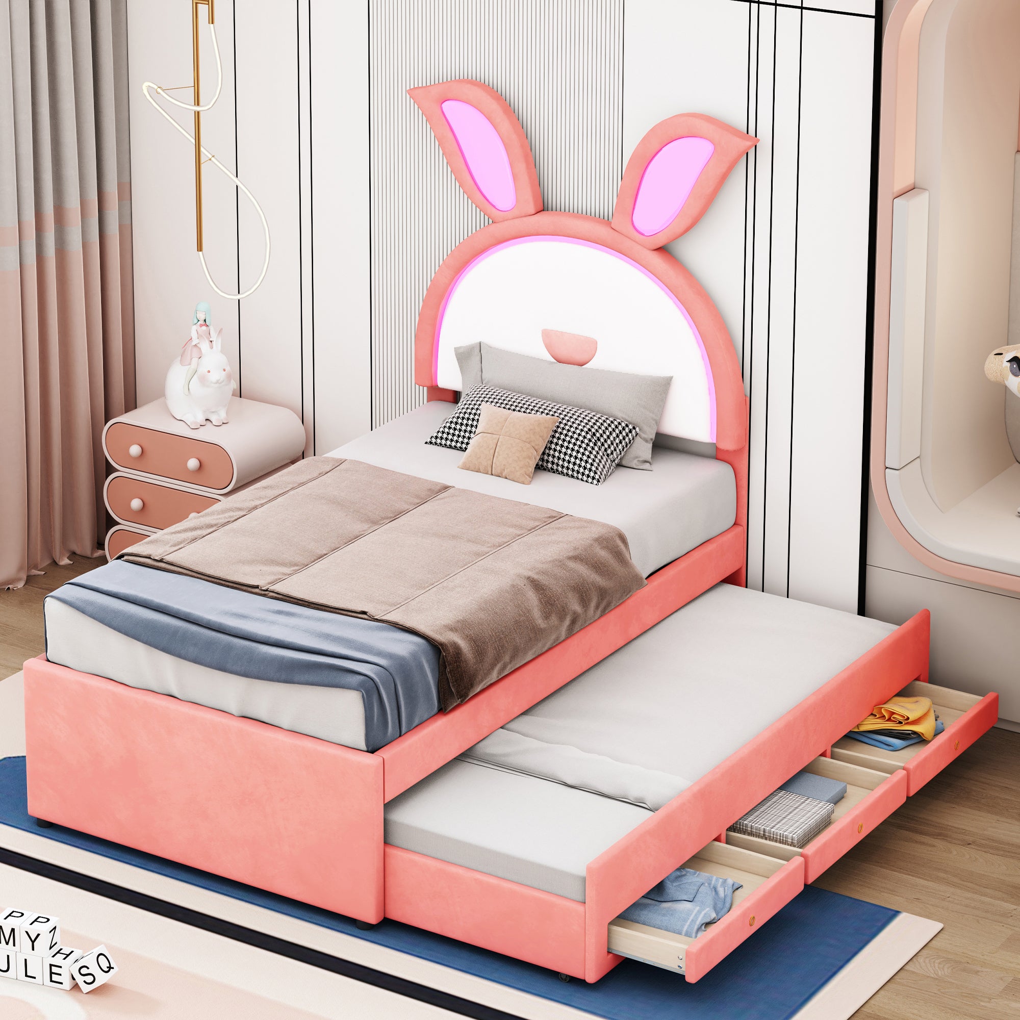 Twin Size Upholstered Platform Bed with Trundle and 3 Drawers, Rabbit-Shaped Headboard with Embedded LED Lights, Pink - Atlantic Fine Furniture Melbourne FL