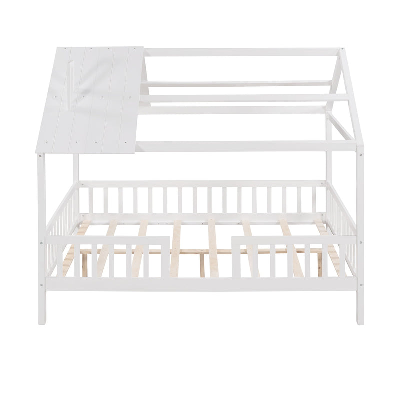 Full Size Wood House Bed With Fence - White