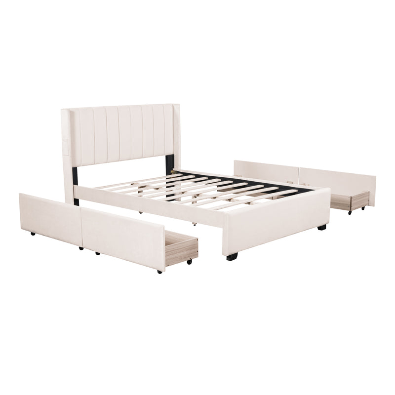 Full Size Upholstered Bed with 4 Drawers, Beige