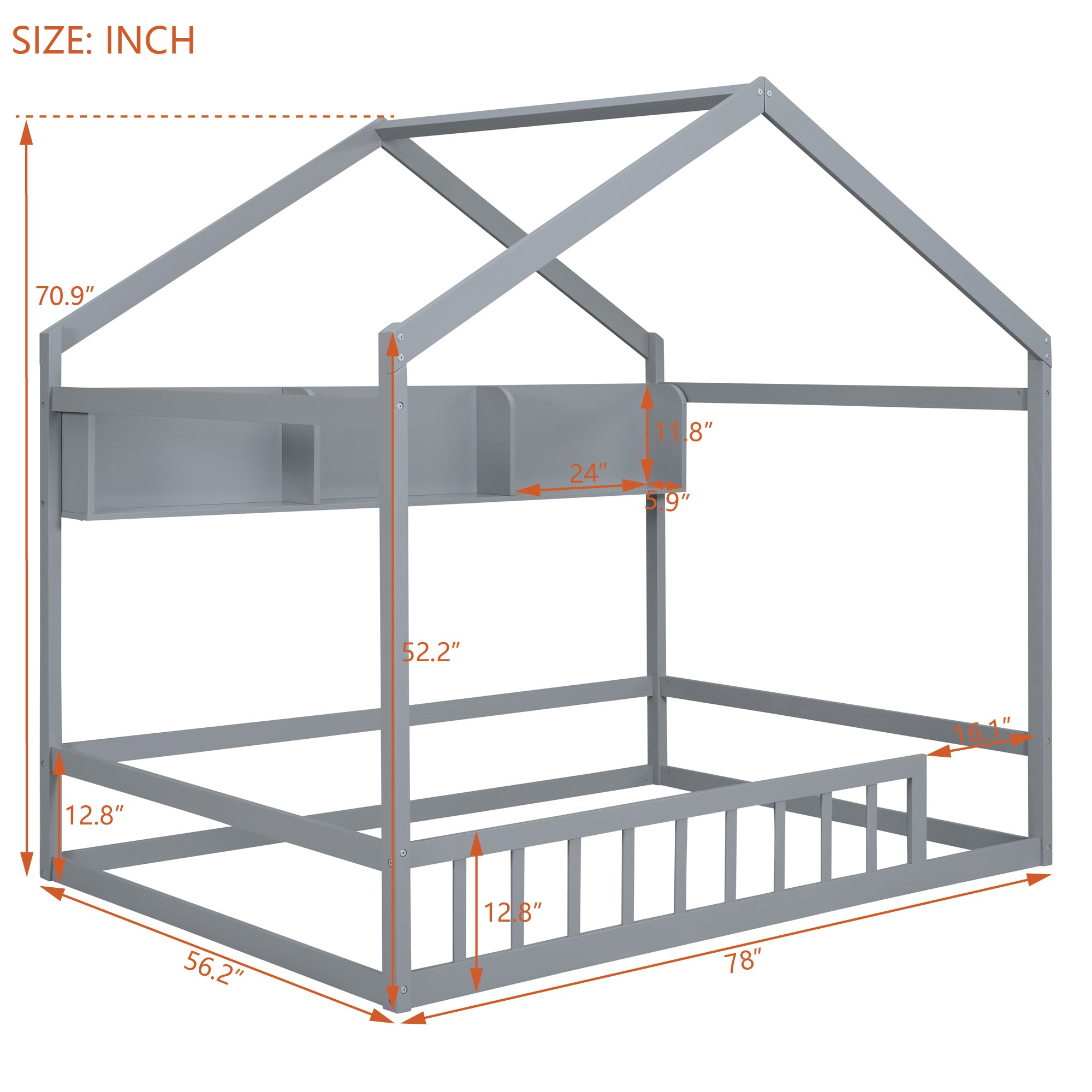 Wooden Full Size House Bed with Storage Shelf,Kids Bed with Fence and Roof, Gray - Atlantic Fine Furniture Melbourne FL