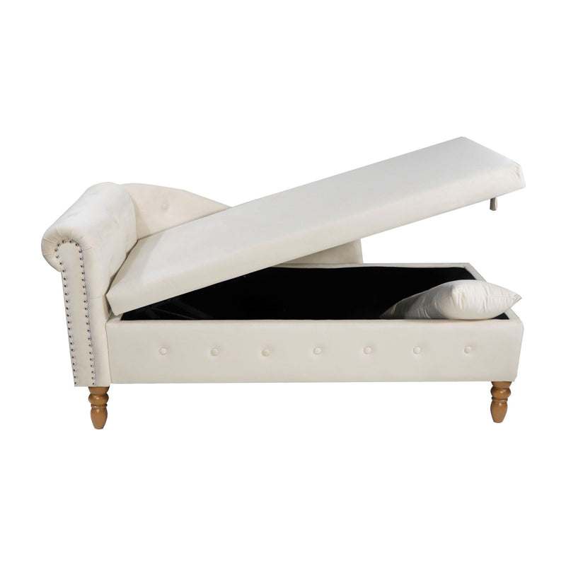 Chaise Lounge Indoor, Velvet Lounge Chair For Bedroom With Storage & Pillow, Modern Upholstered Rolled Arm Chase Lounge For Sleeping With Nailhead Trim For Living Room Bedroom Office