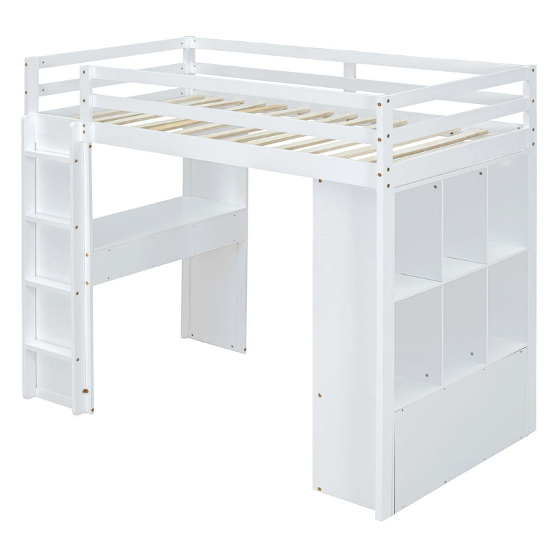 Twin Size Lo Feet Bed With Large Shelves, Writing Desk And LED Light, White