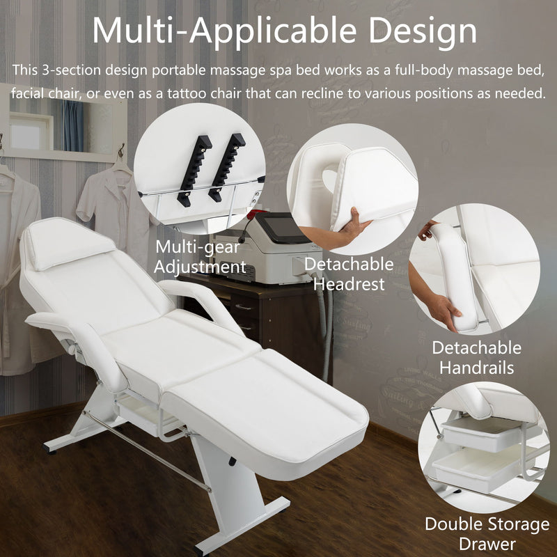 Massage Salon Tattoo Chair With Two Trays Esthetician Bed With Hydraulic Stool, Multi-Purpose 3-Section Facial Bed Table, Adjustable Beauty Barber Spa Beauty Equipment