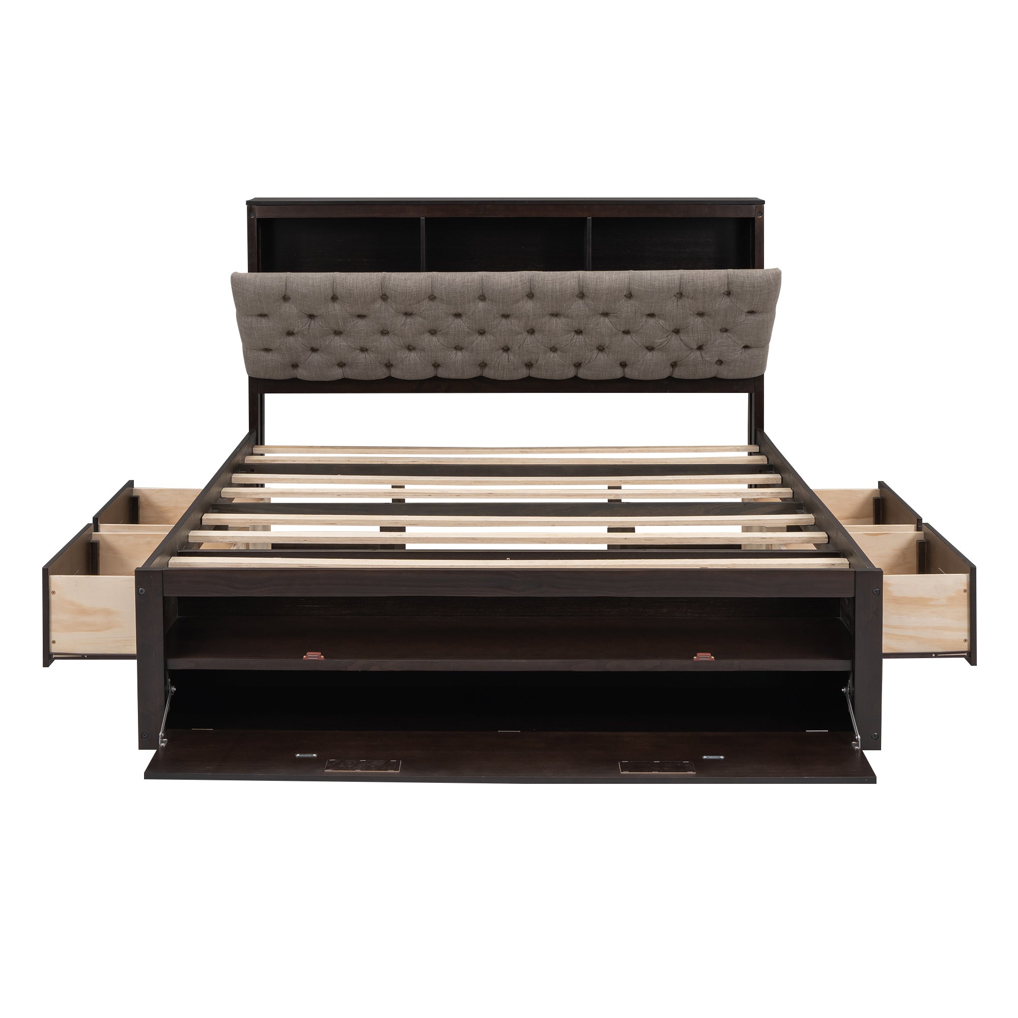 Wood Queen Size Platform Bed with Storage Headboard, shoe rack and 4 drawers,Espresso - Atlantic Fine Furniture Melbourne FL