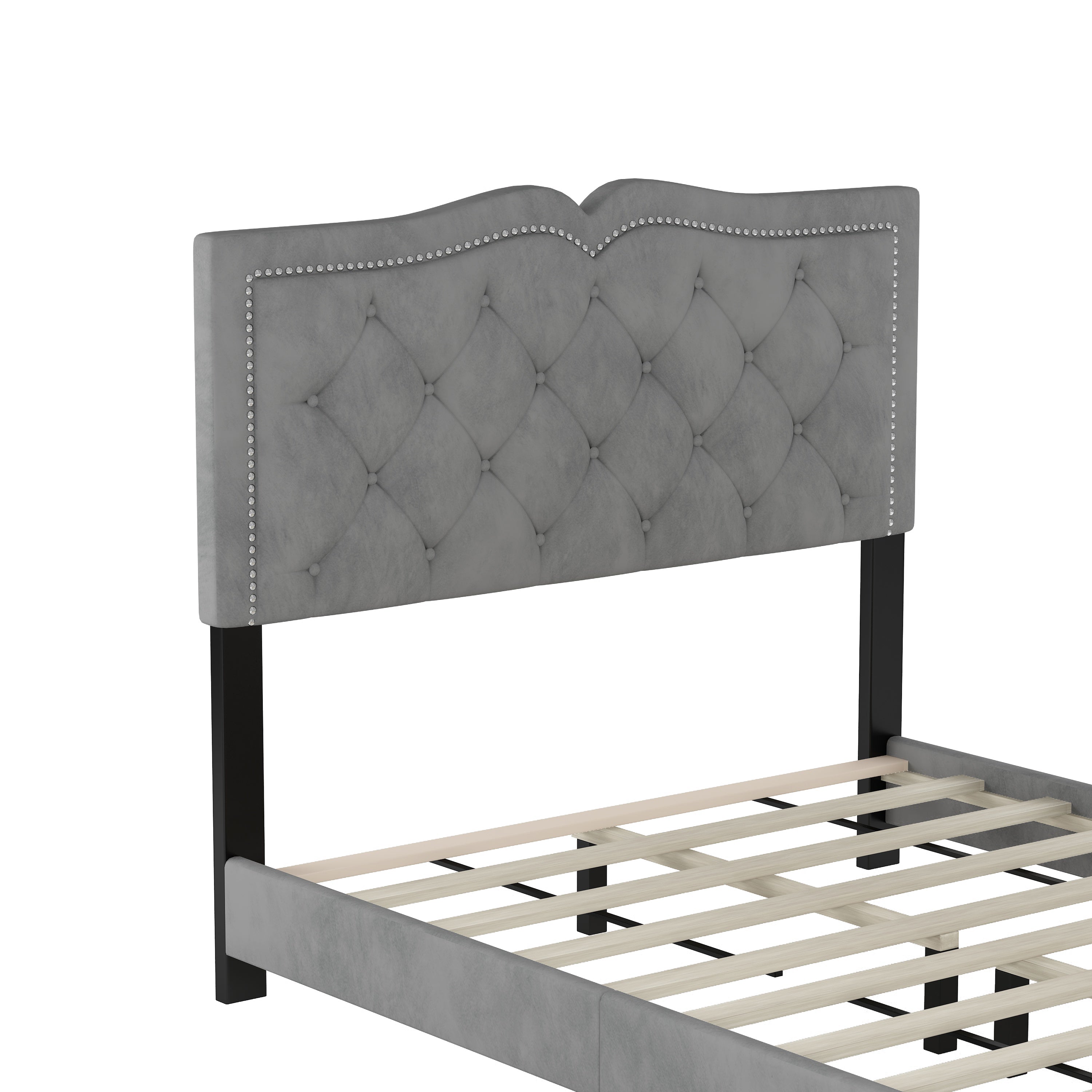 Full Size Upholstered Bed Frame with Rivet Design, Modern Velvet Platform Bed with Tufted Headboard,Gray - Atlantic Fine Furniture Melbourne FL
