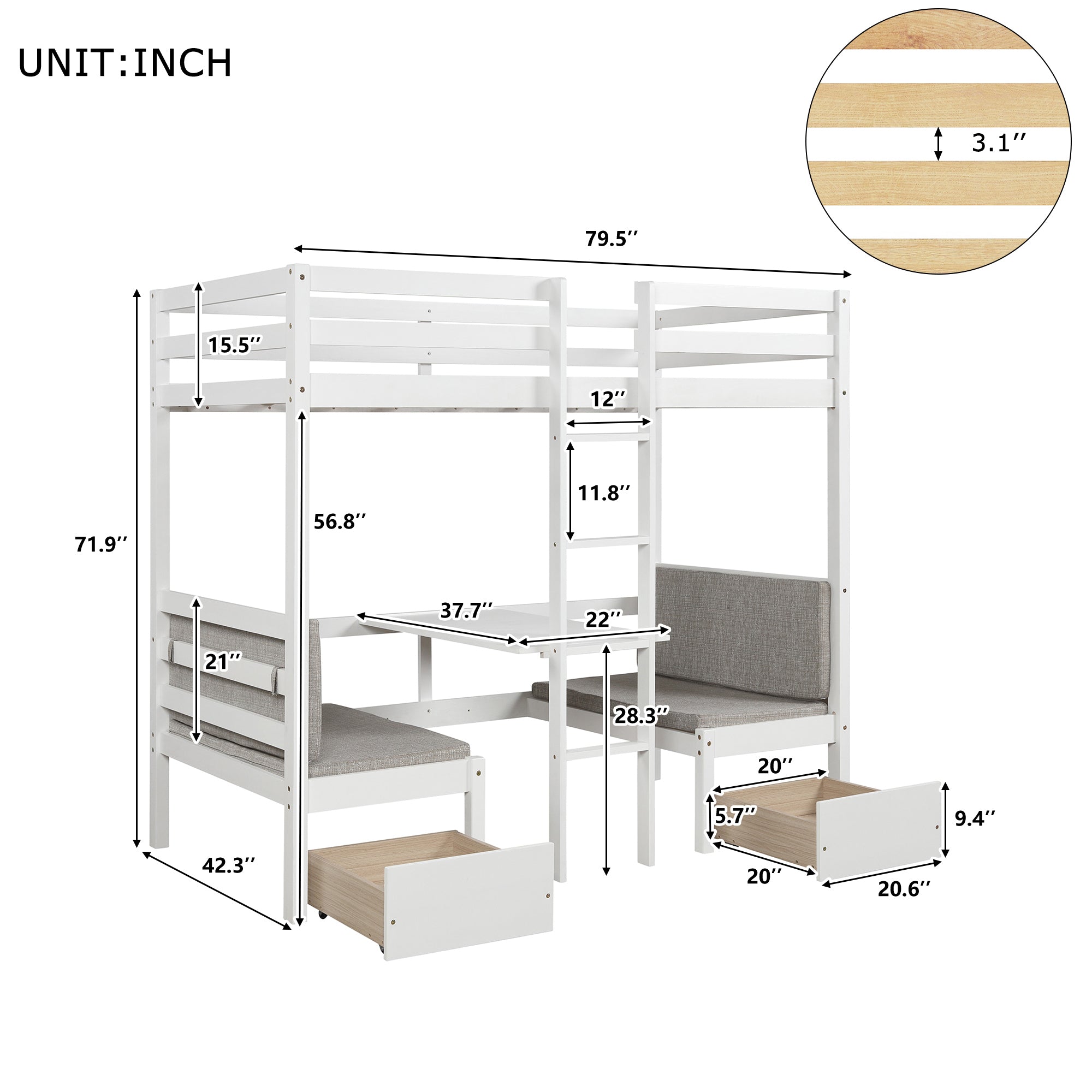 Functional Loft Bed(turn into upper bed and down desk,cushion sets are free),Twin Size,White