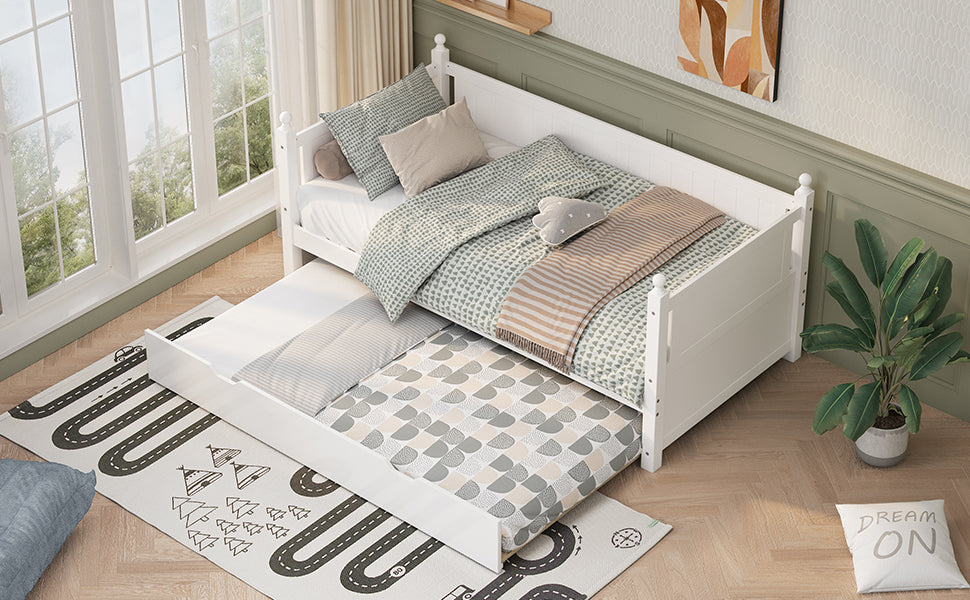 Twin Size Solid Wood Daybed with Trundle for Limited Space Kids, Teens, Adults, No Need Box Spring, White - Atlantic Fine Furniture Melbourne FL