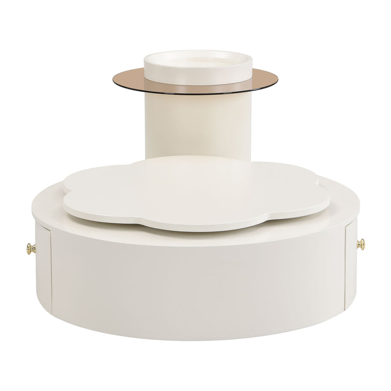 Modern Round Coffee Table (Set of 2), 360 Degree Rotatable Flower Shaped Top With 2 Drawers, Top Circle Side Table End Table With Glass For Living Room - Off White