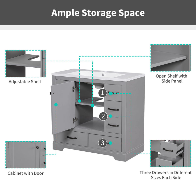 36" Bathroom Vanity Without Sink, Cabinet Base Only, 6 Drawers, Multi Functional Drawer Divider, Adjustable Shelf - Gray