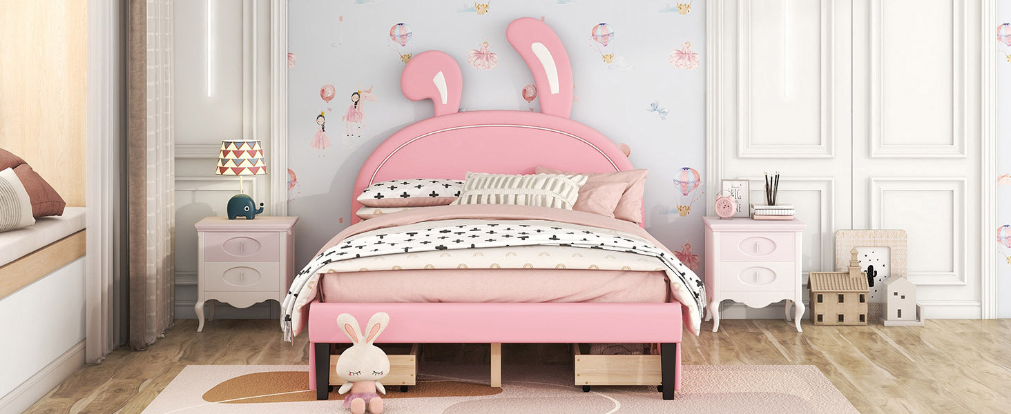 Full Size Upholstered Leather Platform Bed with Rabbit Ornament and 4 Drawers, Pink - Atlantic Fine Furniture Melbourne FL