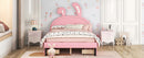 Full Size Upholstered Leather Platform Bed with Rabbit Ornament and 4 Drawers, Pink
