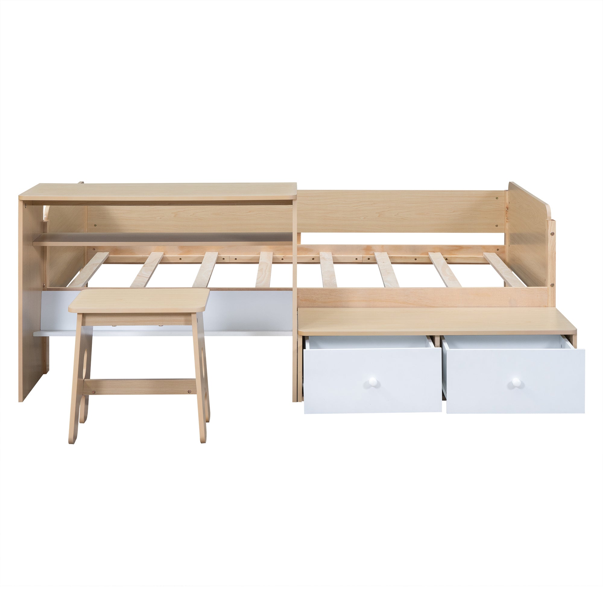 Wood Twin Size Platform Bed with 2 Drawers and 1 Chair&Desk Set, Natural+White - Atlantic Fine Furniture Melbourne FL