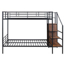 Full Over Full Metal Bunk Bed with Lateral Storage Ladder and Wardrobe, Black