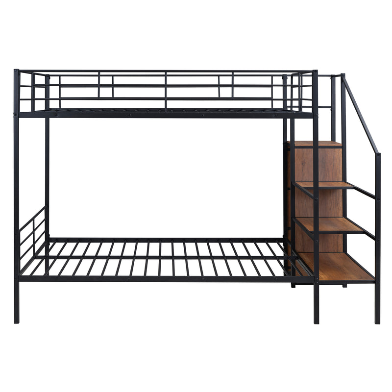 Full Over Full Metal Bunk Bed with Lateral Storage Ladder and Wardrobe, Black