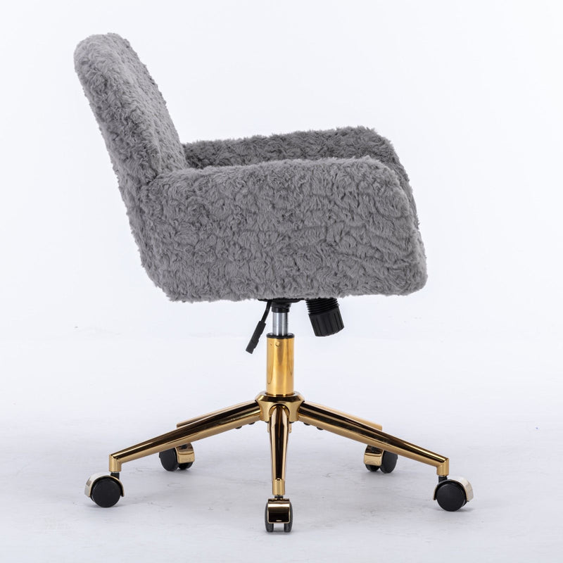 Office Chair, Artificial Rabbit Hair Home Office Chair With Golden Metal Base, Adjustable Desk Chair Swivel Office Chair, Vanity Chair